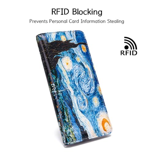 Image of Ultra Slim Thin Leather Women Wallet Rfid Blocking Credit Card Holder Bifold Clutch (Van Gogh The Starry Night)
