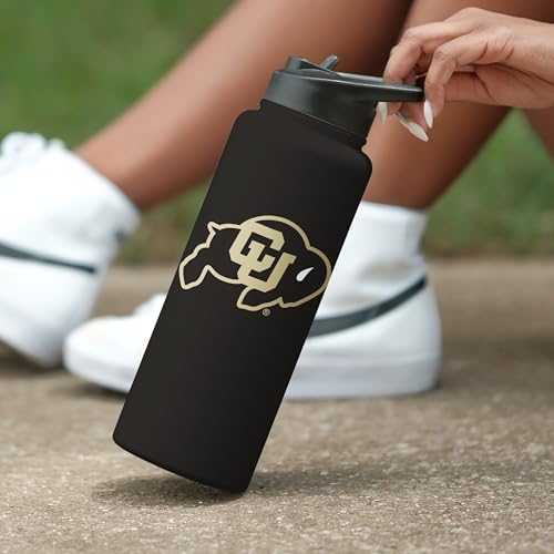 Image of Logo Brands NCAA Colorado Buffaloes 34oz Logo Quencher Flip Top Water Bottle - Double-Wall Insulated, Stainless Steel, No-Spill Lid, Easy Carry Handle