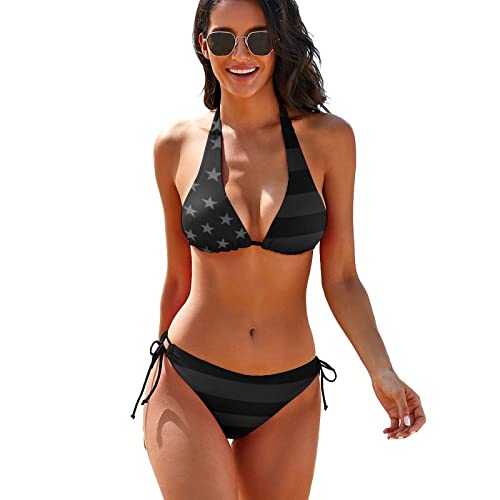 Women's American Flag Halter Triangle Tie Side Bikini Set Two Piece Swimsuits