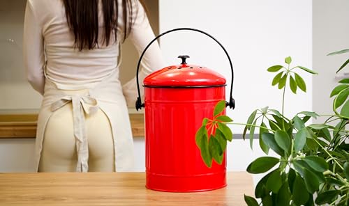 Plexon Countertop Compost Bin Kitchen with Lid, Red 1.5 Gallon Odorless Compost Container, Steel Food Compost Bucket for Kitchen with Charcoal Filter, Pail for Countertop by Plexon - Image 7