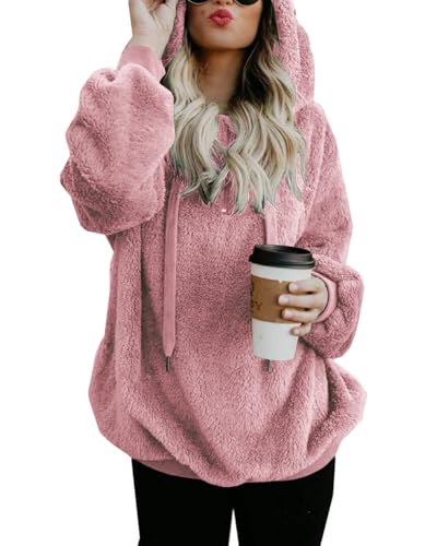 Hoodie Damen Oversize Fleecejacke Teddy Pullover Teddyjacke Pulli Teddy Fleece Sweatshirt Kapuzenpullover Kapuzenpulli Warm Langarm Lose Winter Tops Oberteile Casual mit Tasche (Rosa, 3XL)