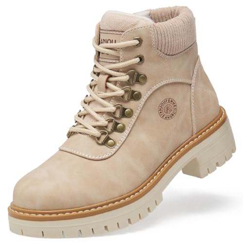 ANJOUFEMME Womens Winter Snow Warm Fur Lined Hiking Boots, Beige, Size 6.5