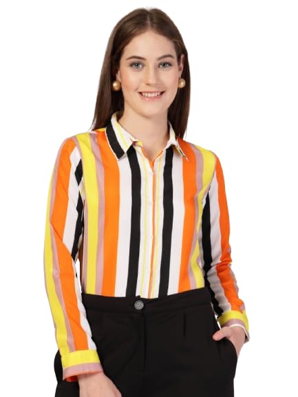 Image of Style Quotient Women Beige White Stripe Printed Formal Shirt