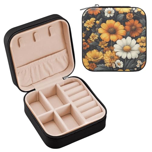 Ttgoth Joyero portátil de piel sintética con diseño de flores blancas y amarillas para mujeres y niñas, joyero de viaje para anillos, aretes, collares, pulseras, organizador de joyas, 10 x 10 x 5 cm