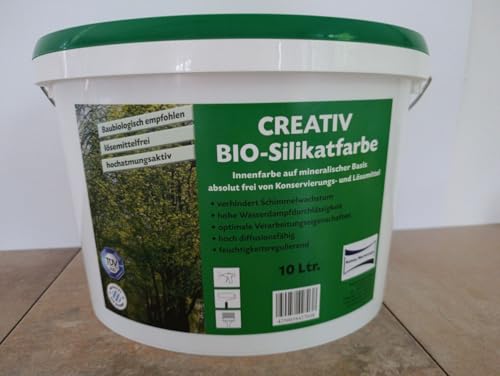 Kabou BIO-Silikatfarbe Innenfarbe weiss 10 Liter umweltfreundlich -verhindert Schimmelwaschstum-feuchtigkeitsregulierend - hoher Weißgrad + Gratis Malerwalze u. Pinsel