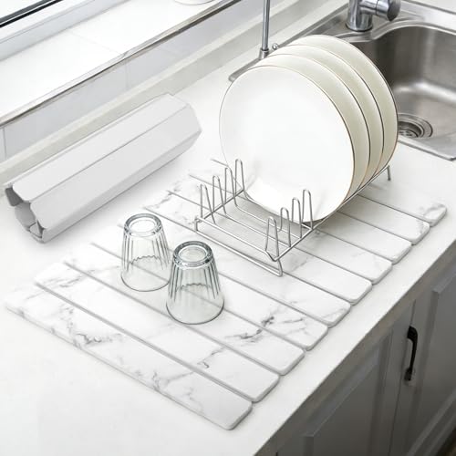 comfoyar Large Stone Dish Drying Mat for Kitchen Counter, 24"×16"，Collapsible Quick Dry Diatomaceous Earth Dish Drying Matt, Super Absorbent Pad for Dishes Bottles Cups Utensils, Marbled White