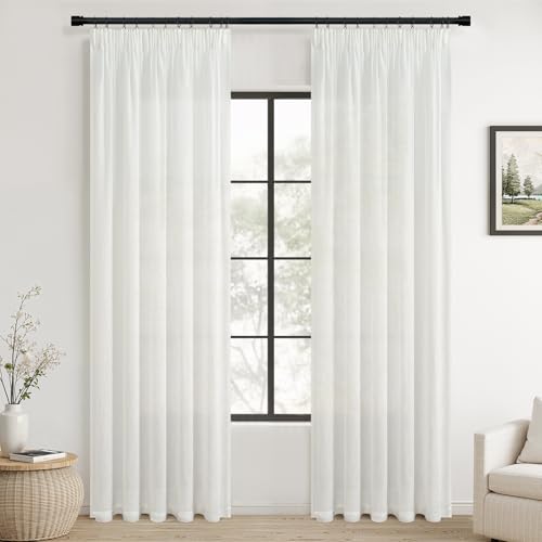 Topfinel Cortinas De Lino Blanco, 300 x 240 cm(An x Al), Semitransparentes, con Volantes,Cortinas Modernas，para Salón y Rieles.
