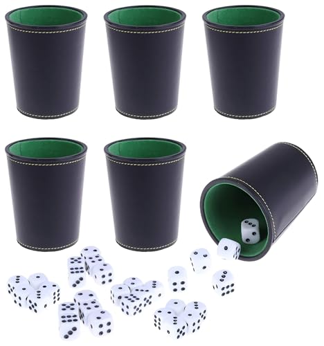Leather Dice Cup, Quite Felt-Lined Interior, 6 Shaker Cups and 30 Dot Dices, one Carry Bag (Black and Green)
