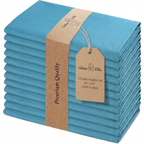 Urban Villa Solid Slub Turq Color Dinner Napkins Everyday Use Premium Quality 100% Cotton Set of 12 Size 20X20 Inch Over sized Cloth Napkins with Mitered Corners Ultra Soft Durable Hotel Quality