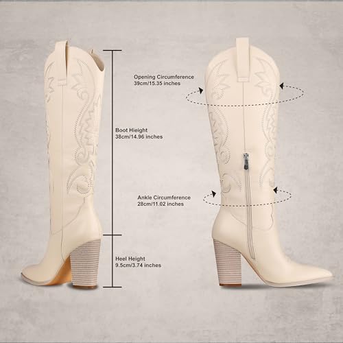 Image of VOMIRA Knee High Cowboy Boots for Women Pointed Toe Chunky High Heels Pull-on Embroidered Boots Western Boots Wide Calf Cowgirl Boots