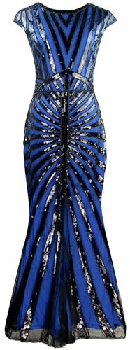 Image of Women Evening Maxi Long Dress 1920s Sequin Mermaid Hem Wedding Prom Gown Costume w / 20s Gatsby Accessories Set