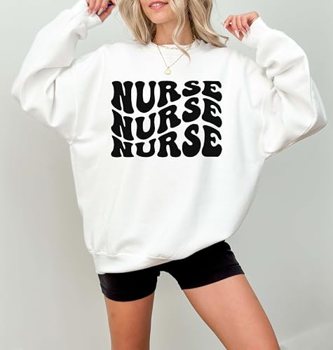 Nurse Sweatshirt, Retro Wavy Lettering Pullover, Cute Nurse Appreciation Shirt, Groovy Nurse Crewneck, RN Gift Idea, Fun Nurse Outfit, Hospital Staff Apparel2