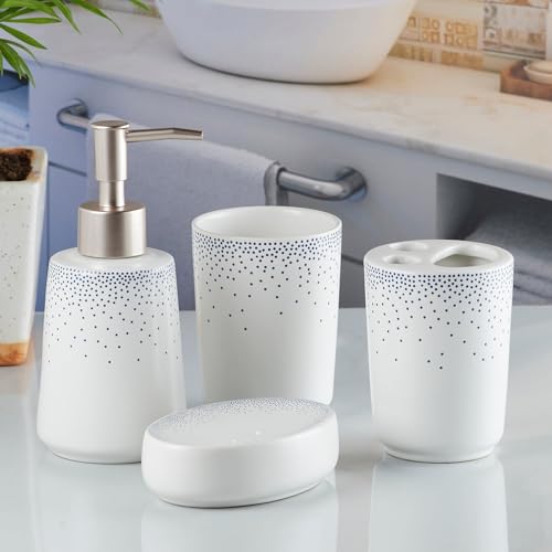 Image of Kookee Ceramic Bathroom Accessories Set - 4-Piece Modern Bath Set with Soap Dispenser & Toothbrush Holder - Elegant Home & Gift Choice, White /Black (10168)