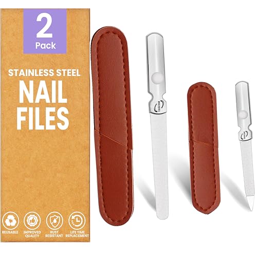 YASCOM Metal Nail Files for Natural Nails, 2 PCS Stainless Steel Nail Files with Gripy Handle & Leather Case, Fingernail Files for Women & Men Reusable Nail File Metal for Home & Salon, Lima para Uñas