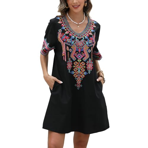 Image of Grosy Fiesta Embroidered Mexican Dress for Women Beach Vacation Plus Size Short Sleeve Summer Boho Dresses with Pocket