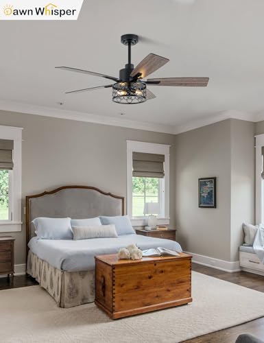 Image of Dawn Whisper 52 Inch Farmhouse Ceiling Fans with Lights and Remote Quiet and Reversible DC Motor Black Industrial Rustic Caged Ceiling Fan for Bedroom Living Room Covered Patio (12-Black)