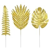 30Pcs 3 Kinds Artificial Golden Leaves with Stems Fake Gold Plants Foliage Stems Simulation Monstera Palm Leaves for Wedding Picks DIY Wreath Crafts Christmas Tree Filler Decors
