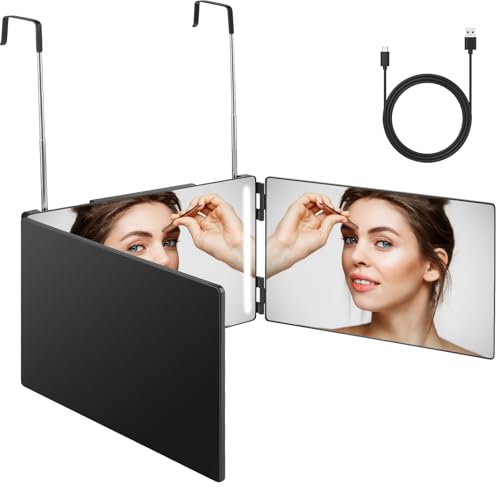 PTSBENCO 3 Way Mirror with Lights, 360 Adjustable & Foldable Mirror with LED Lights Self Cut Hair Trifold Vanity Mirror LED Makeup Mirror with Height Adjustable Telescoping Hooks