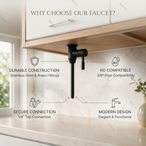 Image of Backline Matte Black SS 304 Stainless Steel RO Water Purifier Faucet Tap with 1 /4 Inch Pipe & Fittings - Leakproof Cabinet Mount Extender for Kitchen RO System