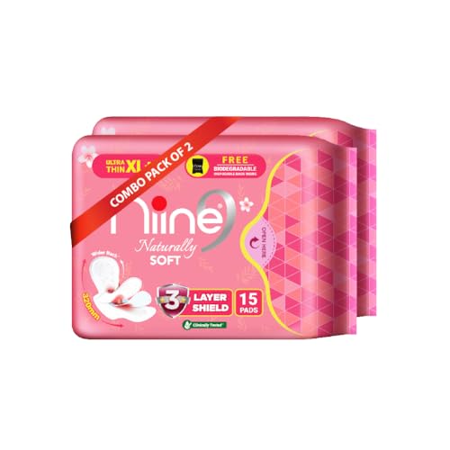 Image of NIINE Naturally Soft Ultra Thin XL+ Sanitary Napkins for Heavy Flow (Pack of 2) 30 Pads with Free Biodegradable Disposal Bags