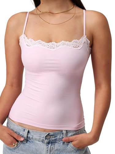 Springcmy Women's Sexy Square Neck Lace Trim Cami Tank Tops Fitted Sleeveless Crop Spaghetti Strap Summer Y2k Tops Camisole (Pink, S)