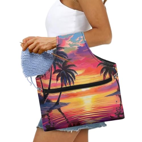 Image of Tropical Knitting Bag Yarn Storage Organzier Portable Yarn Bag for Crocheting on the Go Palm Leaf Yarn Storage Shelves,Large