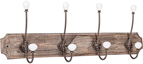Biscottini Perchero de pared de madera maciza para entrada – Perchero con 4 ganchos de metal y cerámica 64 x 11 x 22 cm – Perchero de pared – Estilo rústico vintage – Pomos de cerámica blanca