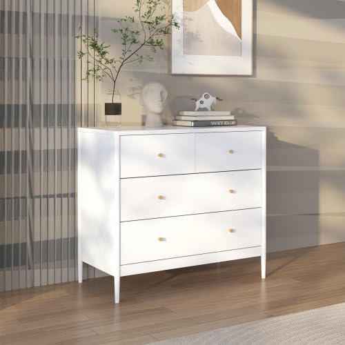 Dresser with 4 Drawers, White, Wooden, Modern Chest of Drawers for Bedroom