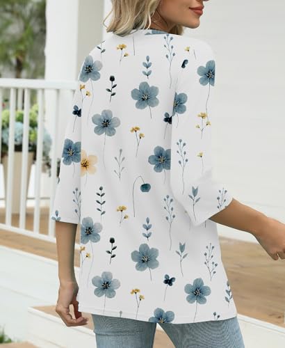 IEEILULU 3/4 Length Sleeve Womens Tops V Neck T Shirts Casual Pleated Tunic for Women Fashion Loose Blouses White L — view 4