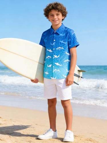 Image of uideazone Boys Button Up Shirts for Teens Size 13-14 Gradient Blue Shark Shirts Kids Aloha Holiday Casual Blouse for Beach Play Rafting Surfing Wading Sandcastle Building