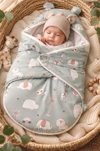 Image of VOIDROP Baby Swaddle Wrap for Newborn 0 to 9 Months, Baby Sleeping Bag with Hood, Muslin Swaddle for All Season, Animal Print | Green Color