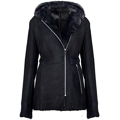 Infinity Leather Women's Elegant Black Snowtip Hooded Suede Merino Shearling Sheepskin Coat 3XL Cover