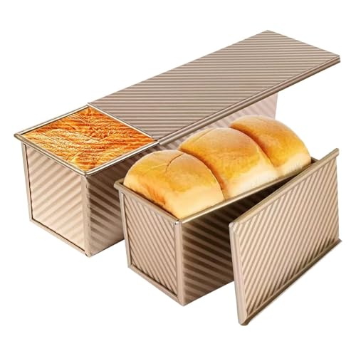 Barlket Upgrade Pullman Loaf Pan with Lid, Pullman Loaf Pan 2.2 LB/1 LB, 2 Pack Nonstick Sandwich Bread Pan, for Bread, Sandwiches, and Toast, Golden, Deep Side and Corrugated
