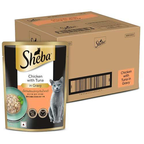 Sheba Fine Premium Adult (1+ Years) Wet Cat Food, Chicken with Tuna in Gravy, 70 g Pouch (Pack of 28), High-moisture gravy cat food for healthy hydration