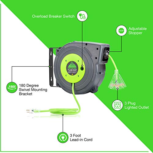 Copperpeak Tools Retractable Extension Cord Reel - 50 Ft 14Awg- 3 Electric Power Outlets - Ceiling Or Wall Mount - Green And Grey #TOP1