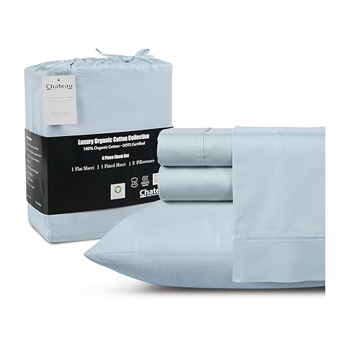 CHATEAU HOME COLLECTION Organic Cotton Sheets Queen Size Bed Set Deep Pockets, 300 TC Cotton Queen Sheet Set, Soft Breathable Elasticated Sheet & Pillowcase Sets, Machine Washable- Light Blue