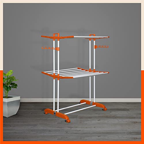 Image of Bathla 2 Level Modular Cloth Drying Stand with Wheels - Rustproof Portable Steel Laundry Rack (Orange - Medium) - Clothes Dryer for Balcony, Indoor & Outdoor Use