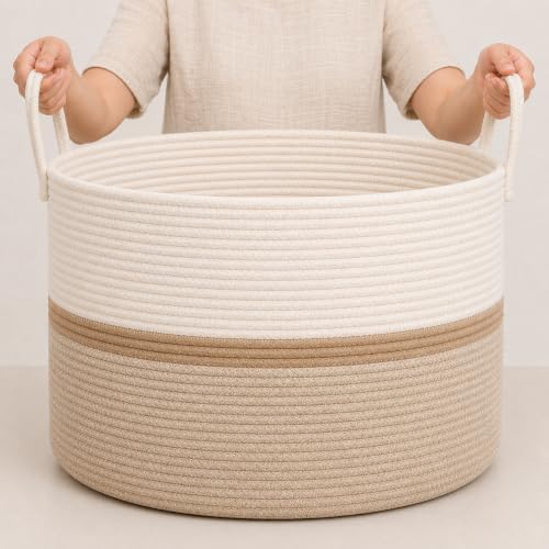 Image of OrganiHaus Round Toy Basket & Blanket Basket, Cotton Rope 20x13 inch | Striped Honey - Round Cotton Rope Basket, 20x13 inch