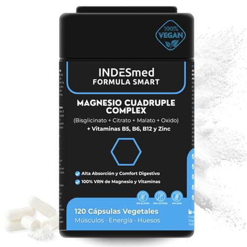 INDESmed FORMULA SMART - Magnesio Quadruple Complex | Bisglicinato, Citrato y Malato con Zinc y Vitaminas B5, B6, B12 | Reduce Cansancio y Fatiga | Alta Absorción | 120 Cápsulas Veganas | 100% VRN