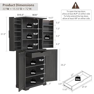 72 Tall Kitchen Pantry Farmhouse Storage Cabinet with Barn Door Organizer Drawer and Adjustable Shelves Rustic Wood Cupboard for Kitchen Dining Room Bathroom Black