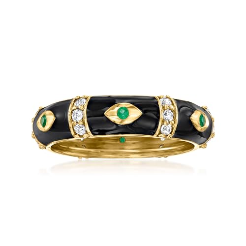 Ross-Simons 0.30 ct. t.w. White Topaz Evil Eye Ring With Black Enamel and Emeralds in 18kt Gold Over Sterling