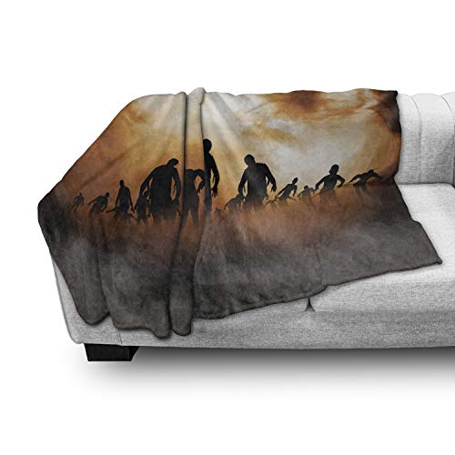 Ambesonne Halloween Soft Flannel Fleece Throw Blanket, Zombies Dead Men Walking Body In The Doom Mist At Night Sky Haunted Theme Print, Cozy Plush For Indoor And Outdoor Use, 50" X 70", Orange Black #TOP2