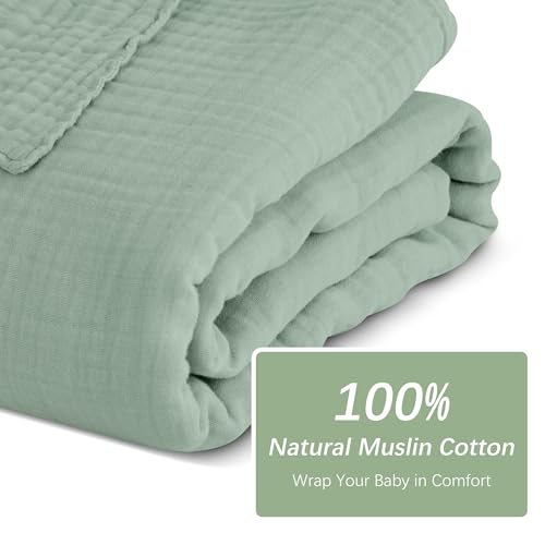 Image of SWEET DOLPHIN Muslin Baby Bath Towels Blanket - 2 Pack 100% Cotton Towel for Babies, Infants, Toddlers - 40x40Inch - Highly Absorbent, Green and Grey