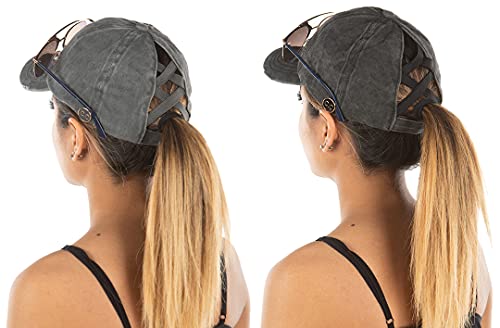 Funky Junque Messy Bun Baseball Cap - Women's Ponytail Hat with Criss Cross Design - Value Packs, Solid Colors, Camo Patterns, 2 Pack: Grey & Charcoal, One size