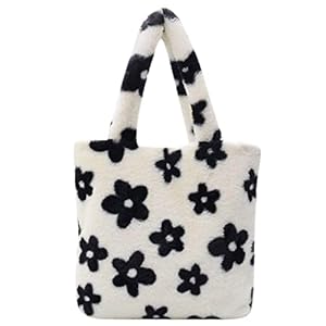 Winter Shoulder Bag, Crossbody Messenger Bags, Soft Fluffy Tote Handbag, Flower Pattern Tote Handbag, Cute Purse for…