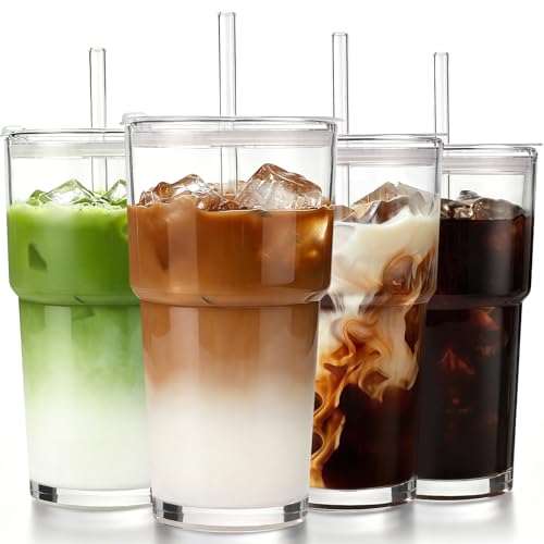 Iced Coffee Cups with Lids: Coffee Bar Accessories - Tumbler Leak Proof for To Go Iced Coffee Cup with Lid 4Pack - 20 oz Glass Cup with Lid and Straws - Thickened Glass Tumbler with Straw and Lid600ml