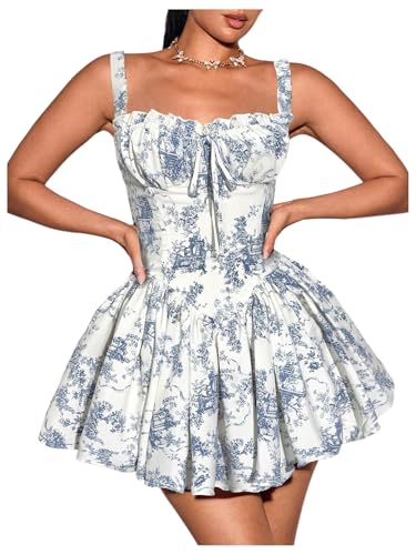 Image of WDIRARA Women's Floral Print A Line Mini Dresses Bow Smocked Ruffle Hem Cami Dress