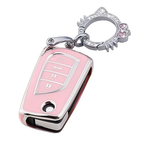 Image of Pangpai Pink Key Fob Cover for Toyota, Soft TPU Key Case Protection with Bling Keychain Fit for Toyota Fortuner Tundra Camry RAV4 Highlander Corolla Smart Key Holder