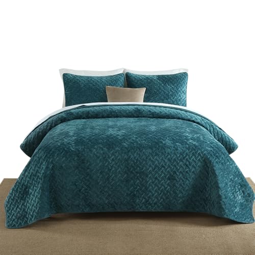 Liians Velvet Bedspread Quilt Bedding Sets,Luxury Elegant Ultra Soft Velvet Comforters Coverlet Blankets,Weave Stitching Pattern Cotton Quilted Bedspread for All Seasons,Teal,Queen Size by Liians - Used condition - Image 9