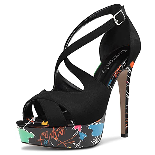 DearOnly Women Platform Stiletto High Heel Peep Open Toe Pumps Cross-Strap Ankle Strap Wedding Cute Shoes